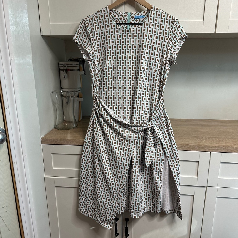 J.McLaughlin Faux Wrap Dress Women S Mod Geometric Short Sleeve Tie Waist Retro